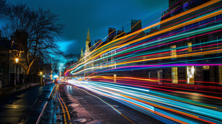 Colorful streaks of light painting the night sky above the historic city, capturing the vibrancy and energy of urban life.の素材