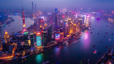 Aerial view of the city's illuminated skyline, showcasing the modern and ancient landmarks bathed in dazzling lights.の素材