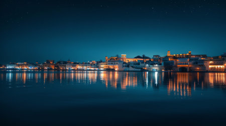 The illuminated skyline of the ancient city at night, with twinkling lights reflecting in calm waters, a mesmerizing sight.の素材