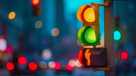 A traffic light changing from green to yellow, signaling drivers to slow down and prepare to stop at an intersection.の素材