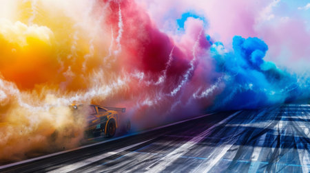 Colorful smoke trails left behind by fast-moving race cars as they speed around a racetrack, adding drama to the competition.の素材