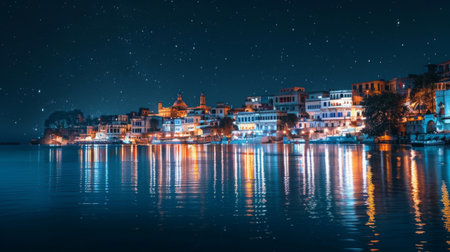 The illuminated skyline of the ancient city at night, with twinkling lights reflecting in calm waters, a mesmerizing sight.の素材