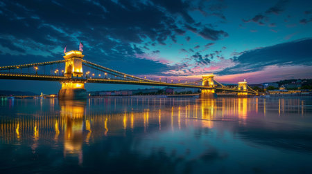 The iconic bridge spanning the river, illuminated by shimmering lights reflected in the tranquil waters below, a symbol of connectivity.の素材