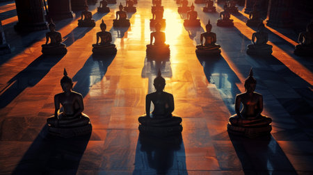 Shadows of Buddha statues elongated on a temple floor during sunset, symbolizing the eternal presence of enlightenment.の素材