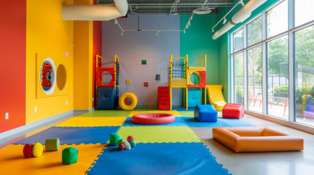 A vibrant play area with colorful mats, climbing structures, and toys, encouraging active play and physical development in children.の素材