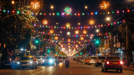 The city's main avenue ablaze with lights and adorned with festive decorations during a lively cultural celebration.の素材