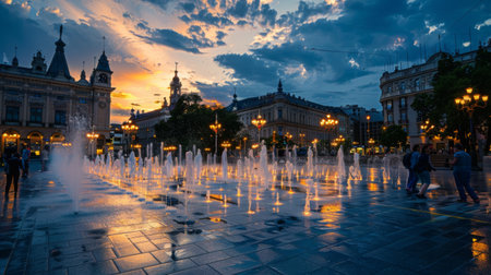 The historic city's main square bustling with life under the glow of street lamps and illuminated fountains, a hub of activity.の素材