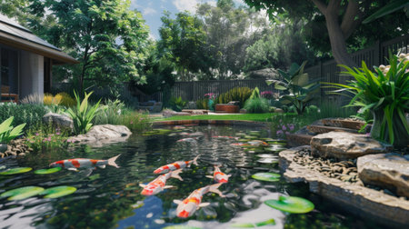 A tranquil backyard oasis with a pristine koi pond, offering a serene escape from the hustle and bustle of daily life.の素材
