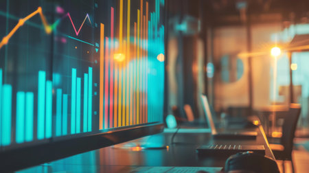 A bar graph projected onto a screen during a business presentation, guiding stakeholders through key performance metrics and trends.の素材