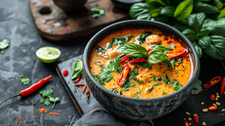 A bowl of fragrant Thai soup garnished with fresh herbs and sliced chili peppers, inviting viewers to savor the complex flavors of Thai cuisine.の素材