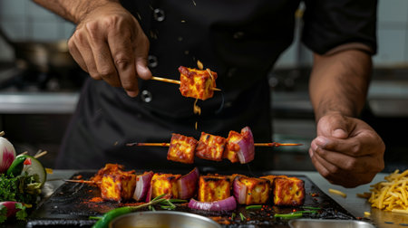 A chef preparing paneer tikka on skewers, marinating the cubes of paneer in aromatic spices before grilling to perfection.の素材