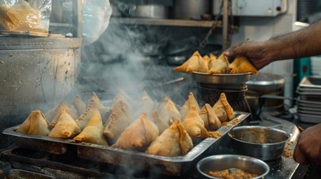 A chef preparing a batch of freshly fried samosas in a commercial kitchen, filling the air with the irresistible aroma of spices and herbs.の素材