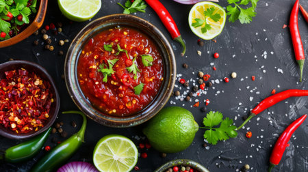 A bowl of spicy Thai dipping sauce surrounded by ingredients like chili peppers and lime, enticing viewers with the tantalizing flavors of Thai cuisine.の素材