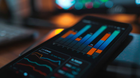 A bar chart displayed on a smartphone screen, empowering users with real-time access to financial data and insights on the go.の素材