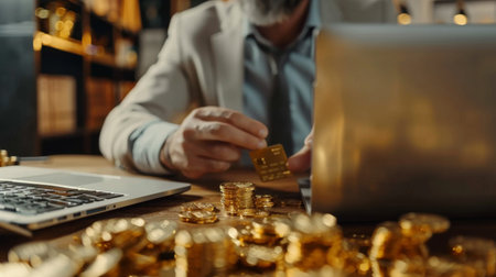 A businessman making a gold purchase transaction online with a secure payment gateway, emphasizing the ease of investing in gold digitally.の素材