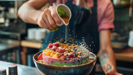 A barista crafting a colorful layered smoothie bowl, topped with granola, fresh fruit, and a drizzle of honey for a nutritious and Instagram-worthy breakfast optionの素材