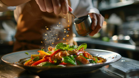 A chef adding the final touches to a plate of Thai basil stir-fry, drizzling a savory sauce over the sizzling hot dish, ready to be served and savored.の素材