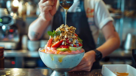 A barista crafting a colorful layered smoothie bowl, topped with granola, fresh fruit, and a drizzle of honey for a nutritious and Instagram-worthy breakfast optionの素材