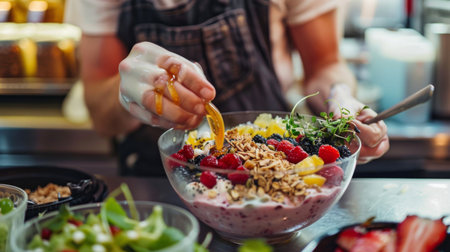 A barista crafting a colorful layered smoothie bowl, topped with granola, fresh fruit, and a drizzle of honey for a nutritious and Instagram-worthy breakfast optionの素材