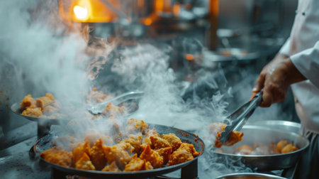 A chef preparing a batch of freshly fried samosas in a commercial kitchen, filling the air with the irresistible aroma of spices and herbs.の素材