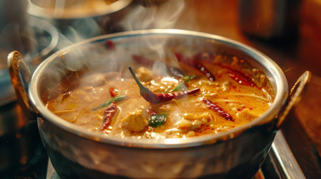 A bowl of Thai curry simmering on a stove, with aromatic steam rising and chili peppers and peppercorns visible in the rich sauce.の素材