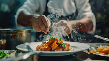 A chef plating up a gourmet paneer curry with intricate garnishes, presenting the dish as a culinary masterpiece worthy of a fine dining experience.の素材