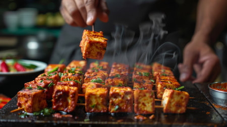 A chef preparing paneer tikka on skewers, marinating the cubes of paneer in aromatic spices before grilling to perfection.の素材