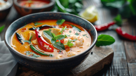 A bowl of fragrant Thai soup garnished with fresh herbs and sliced chili peppers, inviting viewers to savor the complex flavors of Thai cuisine.の素材