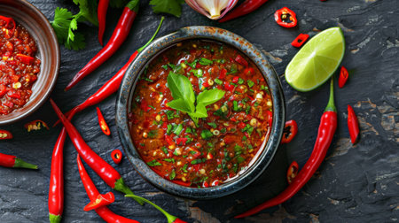 A bowl of spicy Thai dipping sauce surrounded by ingredients like chili peppers and lime, enticing viewers with the tantalizing flavors of Thai cuisine.の素材