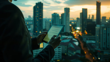 A businessman analyzing business data on a tablet with a city skyline in the background, symbolizing the intersection of commerce and urban life.の素材