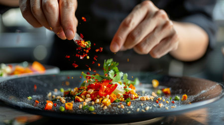 A chef garnishing a Thai dish with crushed chili peppers and ground peppercorns, adding a burst of flavor and color to the presentation.の素材