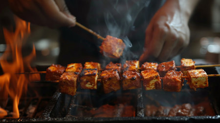 A chef preparing paneer tikka on skewers, marinating the cubes of paneer in aromatic spices before grilling to perfection.の素材