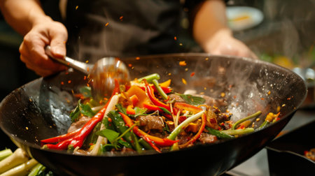 A chef preparing a Thai stir-fry dish, tossing fresh vegetables and sliced meat with chili peppers and peppercorns in a sizzling wok.の素材