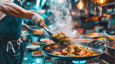 A chef cooking up a sizzling wok of Thai basil seafood stir-fry (Pad Krapow Talay) in a bustling kitchen, filling the air with tantalizing aromas.の素材