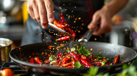 A chef garnishing a Thai dish with crushed chili peppers and ground peppercorns, adding a burst of flavor and color to the presentation.の素材