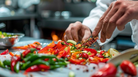 A chef creating a Thai-inspired salad with sliced chili peppers and crushed peppercorns, combining bold flavors and vibrant colors in a refreshing dish.の素材