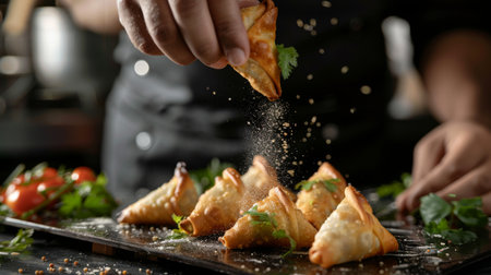 A chef garnishing a platter of gourmet samosas with fresh cilantro leaves and a sprinkle of roasted cumin seeds, adding a touch of freshness and aroma.の素材