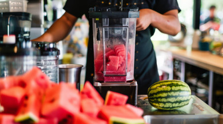 A chef preparing a batch of refreshing watermelon smoothies, blending chunks of juicy fruit with ice for a hydrating and revitalizing beverage.の素材