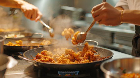 A chef preparing Thai-style fried chicken in a commercial kitchen, seasoning the chicken with aromatic spices before frying to perfection.の素材
