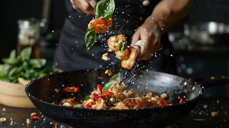 A chef tossing ingredients in a wok to create a flavorful Thai basil seafood stir-fry, showcasing the versatility of seafood in Thai culinary creations.の素材