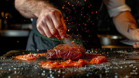 A chef seasoning a premium cut of beef before grilling, highlighting the artistry and skill involved in crafting the perfect steak dish.の素材