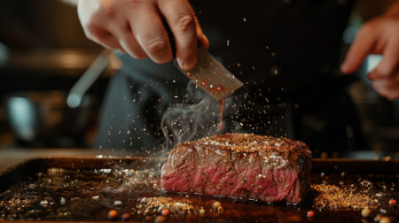 A chef seasoning a premium cut of beef before grilling, highlighting the artistry and skill involved in crafting the perfect steak dish.の素材