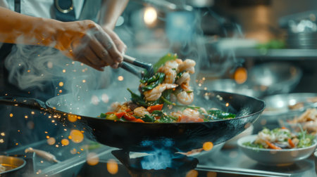 A chef tossing ingredients in a wok to create a flavorful Thai basil seafood stir-fry, showcasing the versatility of seafood in Thai culinary creations.の素材