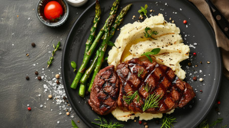 A plate of steak served with creamy mashed potatoes and grilled asparagus, offering a classic and satisfying meal option for steak lovers.の素材