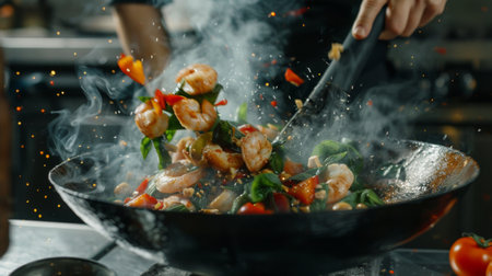 A chef tossing ingredients in a wok to create a flavorful Thai basil seafood stir-fry, showcasing the versatility of seafood in Thai culinary creations.の素材