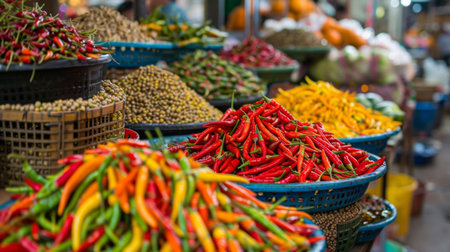 A market stall displaying various types of Thai chili peppers and peppercorns, showcasing the diversity of flavors in Thai cooking.の素材