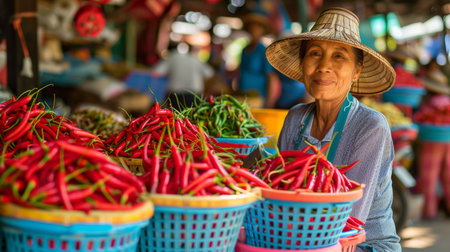 A market vendor selling fresh Thai chili peppers and peppercorns from colorful baskets at a bustling street market, capturing the essence of local culinary culture.の素材