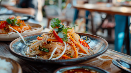 A family-owned Thai restaurant showcasing their signature dish - a beautifully plated Thai papaya salad - as a highlight of their menu.の素材
