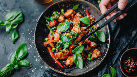 A food blogger capturing the essence of Thai cuisine with a stunning photo of Thai basil stir-fry dishes, inspiring followers to explore Thai flavors at homeの素材