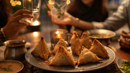 A family enjoying a cozy evening at home with a plate of hot samosas served with masala chai, bonding over the shared love for this classic Indian snack.の素材